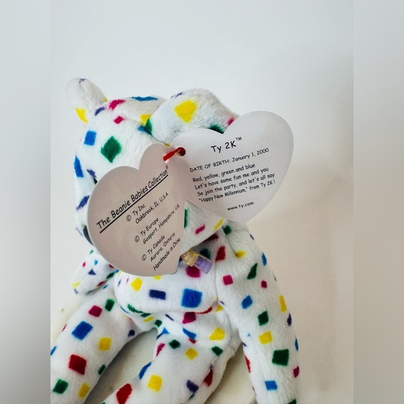 🧸Ty Beanie Baby “TY 2K” 2000 White Confetti Bear Plush - Colorful Spot Pattern - Picture 4 of 6